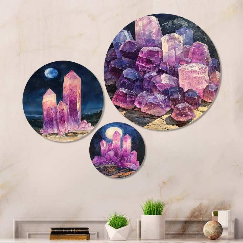 Cristaux énergétiques roses et mauves à la lune I - ensemble d'art mural en métal 3 cristaux
