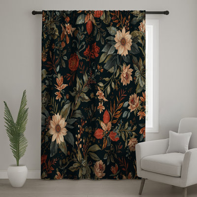 Rideaux de fenêtre à motif floral foncé, voilages et voilages à motif floral - 1 panneau