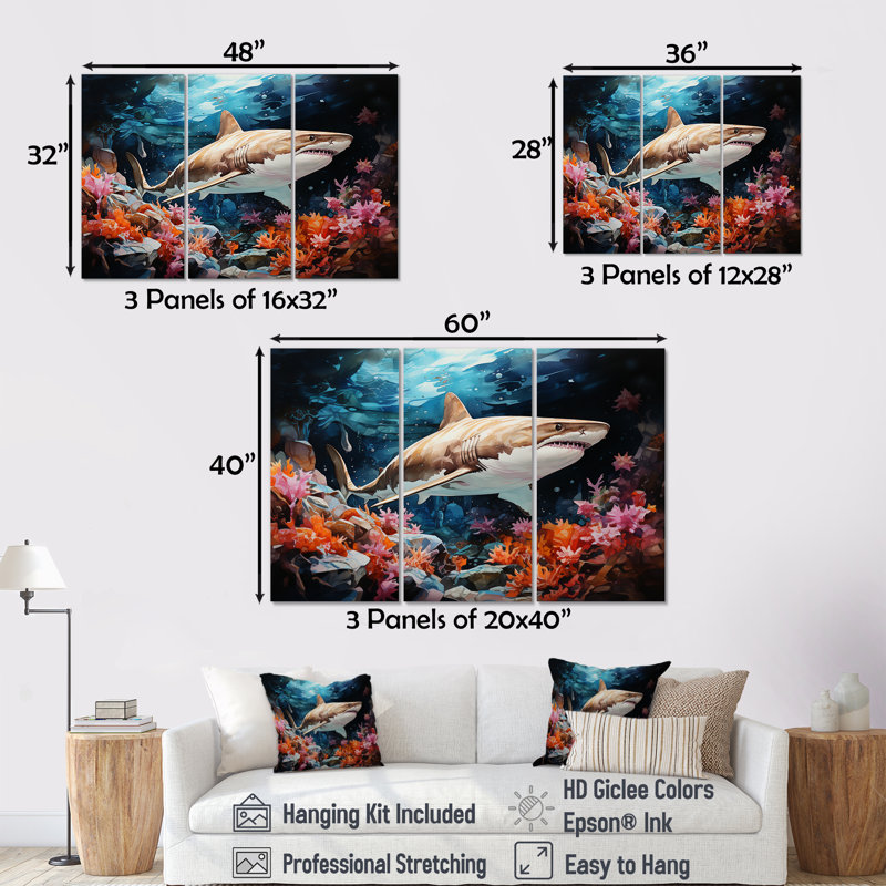 «Silent Hunter Sharks Portrait» - ensemble d'art mural corail sous l'eau, H 40 po x l 60 po x P 1 po