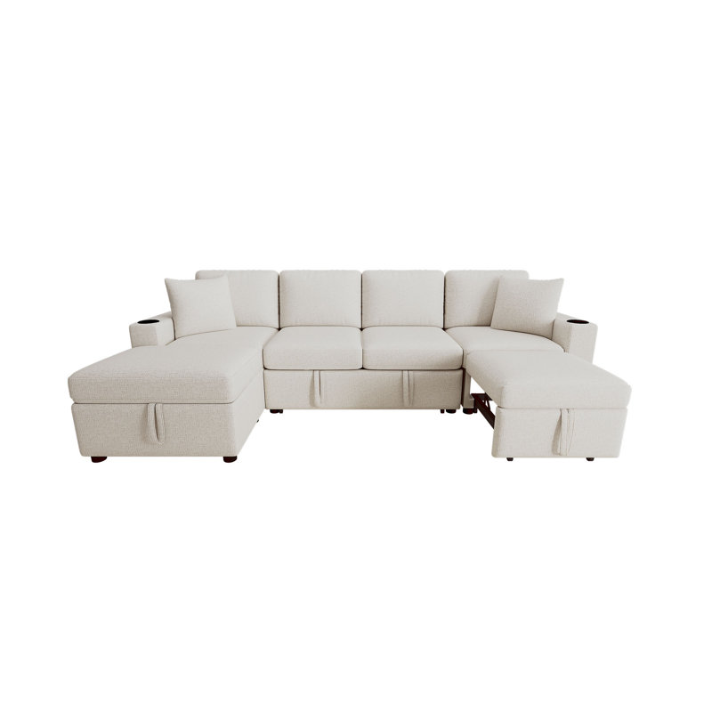 Canapé-lit modulaire rembourré convertible avec repose-pieds avec rangement, ports USB et, Chenille beige