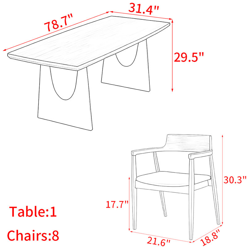 Japanese style solid wood dining table set, 29.5"H x 78.7"L x 31.4"W