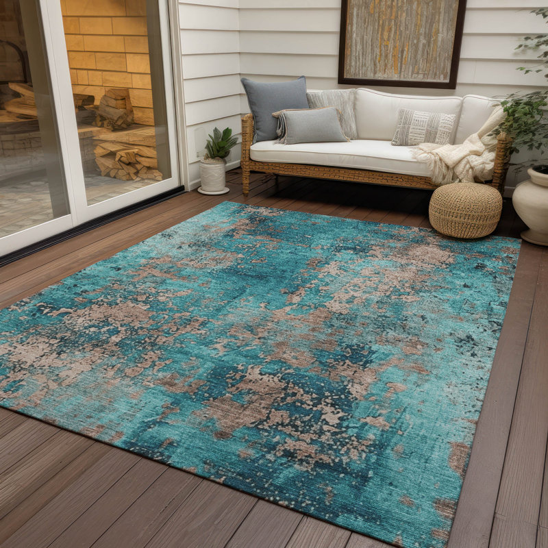 Tapis bleu sarcelle lavable à la machine intérieur / extérieur Xhevrie, Rectangulaire 8 pi x 10 pi