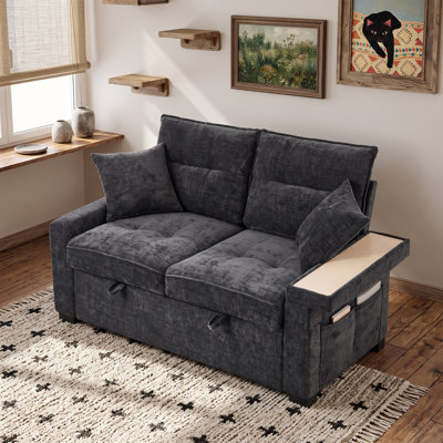 61" Pull Out Couch Bed with Side Charging Station, Chenille Upholstered Loveseat with Storage Bag, Black