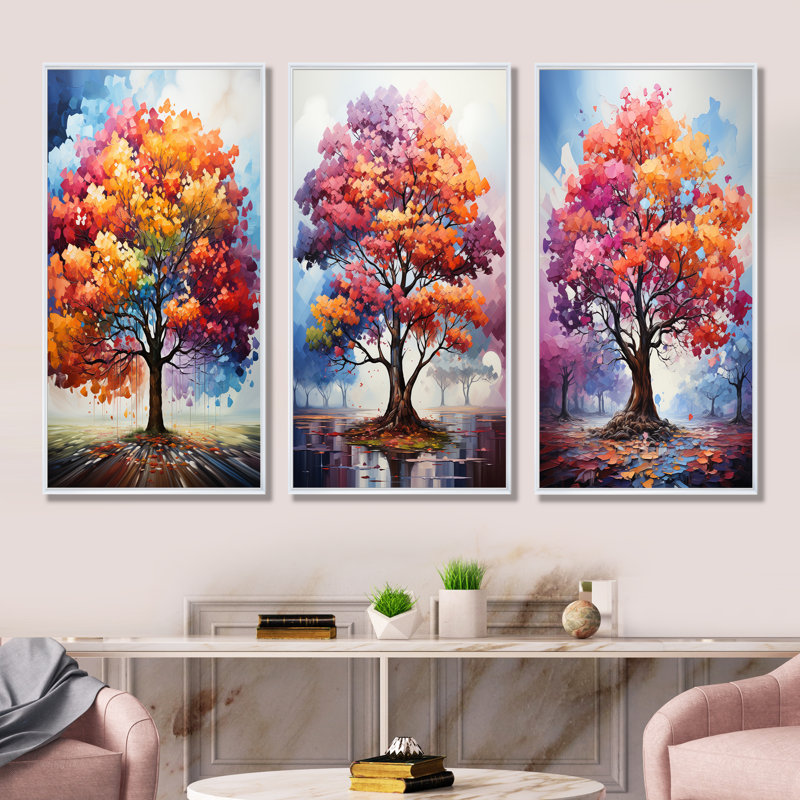 Bright Bright Maple Trees - Ensemble d'art mural sur toile 3 pièces, Cadre flottant blanc, H 32 po x l 48 po