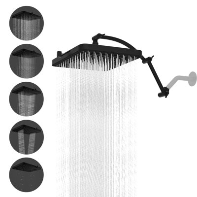 Pommeau de douche carré effet pluie à 5 jets de 33 cm avec bras d'extension réglable de 41 cm – Extension de bras de douche en laiton massif, pommeau de douche fixe haute pression effet cascade pour montage au plafond ou au mur