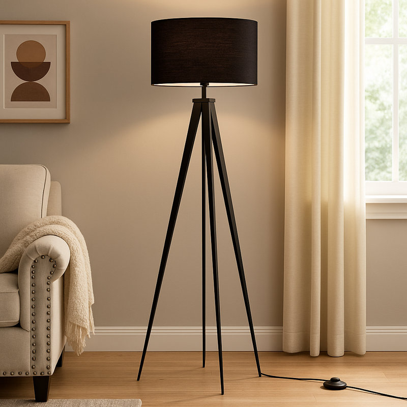 Lampe trépied 60 po avec abat-jour tambour et interrupteur au pied Cardone - noir, Noir