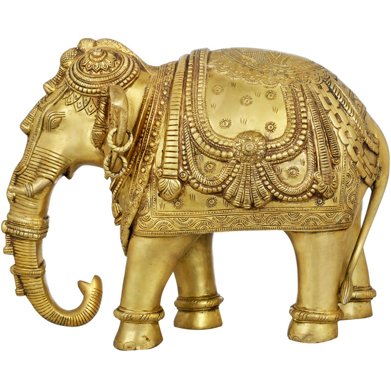 Handmade Brass Decorated Temple Elephant Statue – Indian Elephant Figurine, Good Luck Symbol, Artisan Home Accent, 10" Tall
