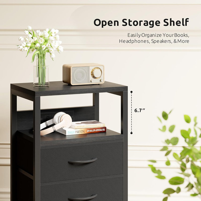 Modern Bedside Table With Charging Station, USB-C & USB Ports, AC Outlets, Open Shelf & Fabric Drawers For Bedroom, Black
