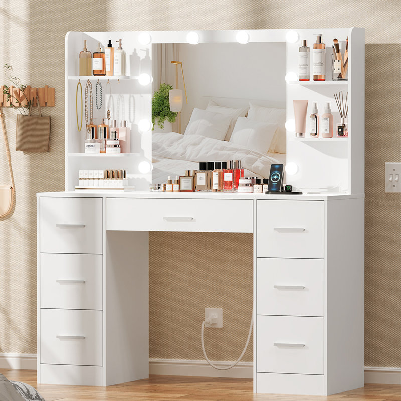 Camyla Makeup Vanity Table with LED Lighted Mirror, Power Outlet, Drawers,Shelves,5 Jewelry Hooks, White, 7