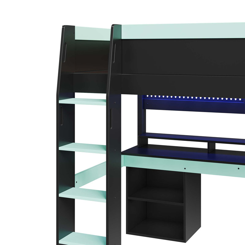 Lit mezzanine multifonctionnel avec ambiance DEL et rangement perforé, Noir; Bleu