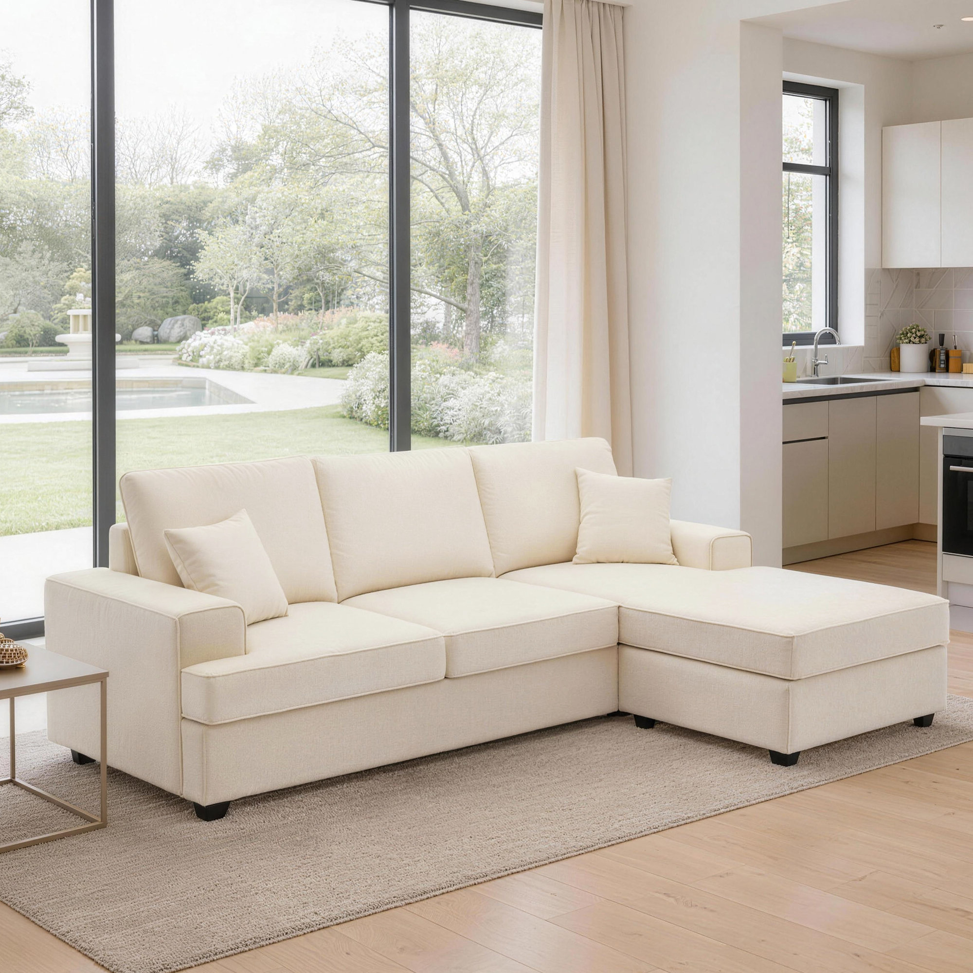 Alden 100'' Upholstered L shape Sofa with Convertible Chaise, Beige Performance Basketweave