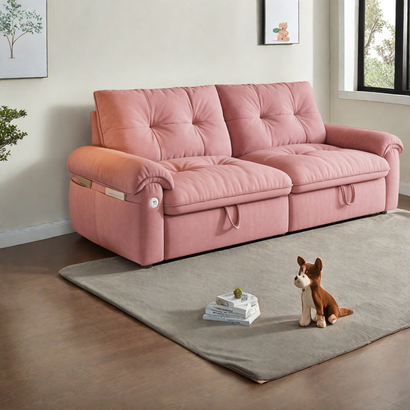 de canapé-lit convertible de 3 pouces, revêtement en flanelle de coton rose, salon moderne essentiel