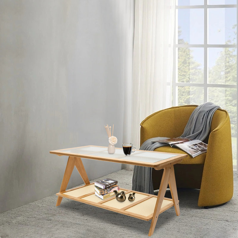 Table basse rectangulaire en bambou avec verre