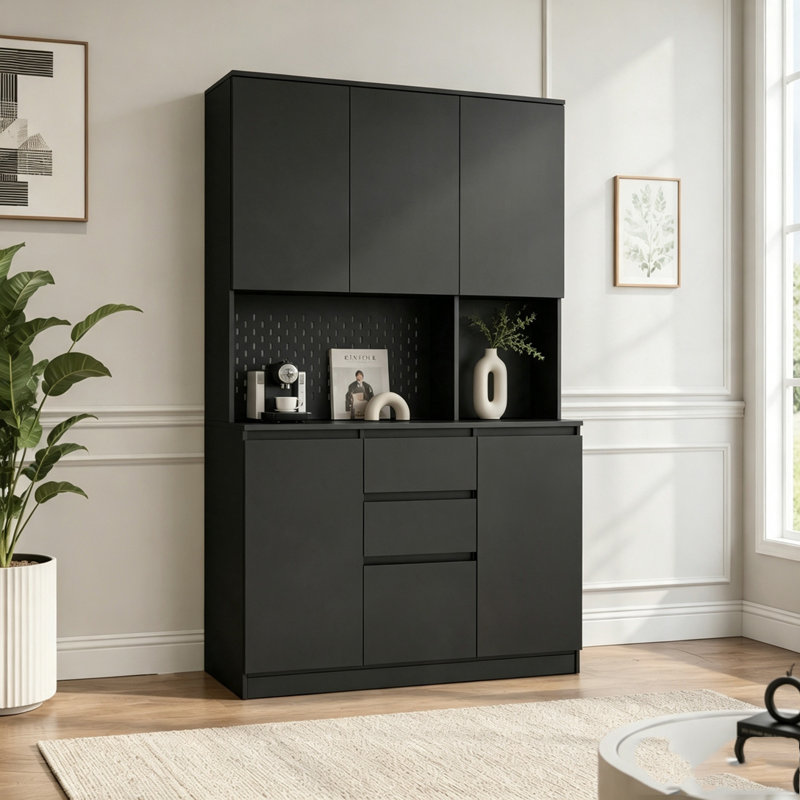 Armoire de cuisine 74 po avec 6 portes, 3 tablettes et 2 tiroirs, Noir