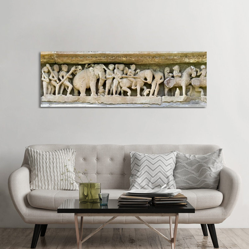 Sculptures Detail of a Temple, Khajuraho, Chhatarpur District, Madhya Pradesh, India 1 Piece Wrapped Canvas Panoramic Wall Art