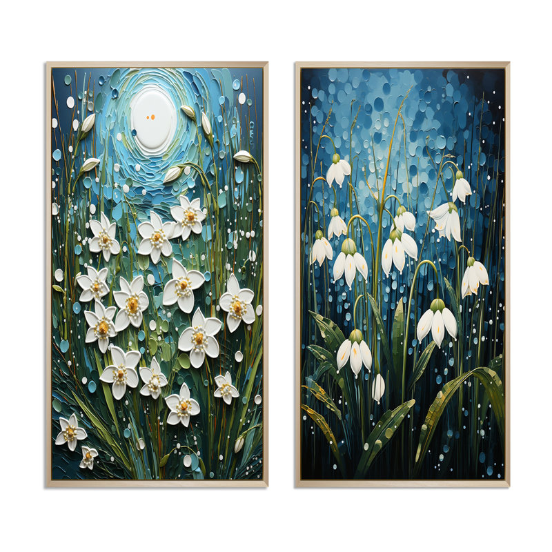 «White Snowdrops Field Pointillism», 2 pièces, Encadrement brun, H 32 po x l 32 po