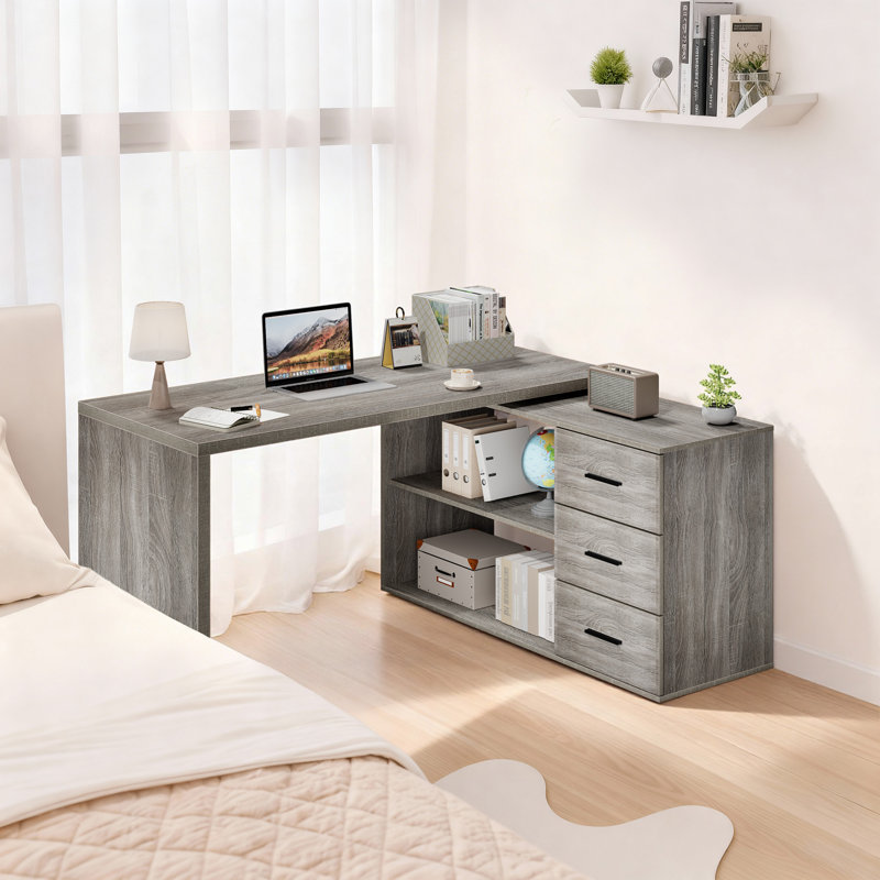 360° Rotating L Shaped Computer Desk With 3 Drawers And 2 Shelves, Home Office Swivel Desk For Work, Reversible Wood Corner Desk With Storage Cabinet, 55 Inch