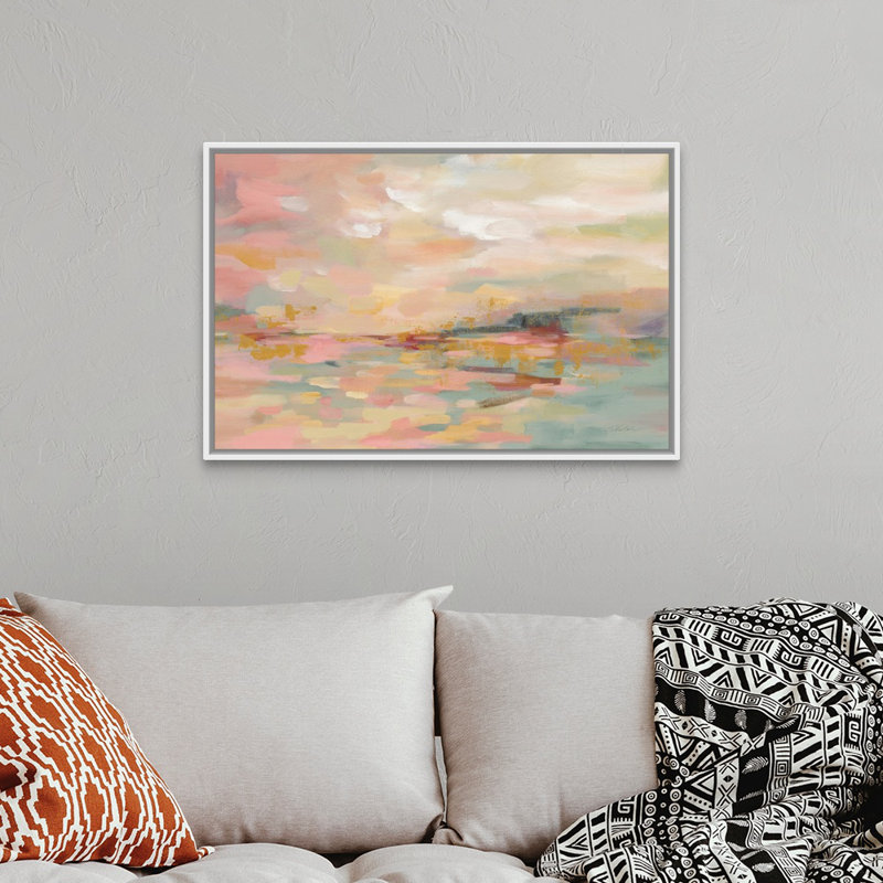 «Pink Waves», reproduction d'art sur toile, H 26 po x l 38 po, Reproduction avec cadre flottant, Blanc