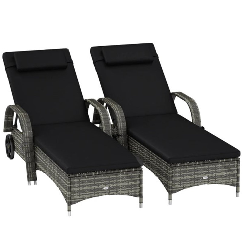 Fauteuils roulants d'extérieur, 2 chaises longues inclinables, avec coussin, coussin, appui-tête, accoudoirs et roues