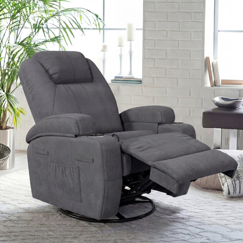 Reclining  Massage Chair with Swivel and Rocking Function, Gray Canvas