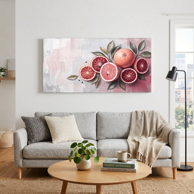 Art mural sur toile, tranches d'oranges sanguines et de fruits entiers avec feuilles vertes, L 40 po x H 20 po