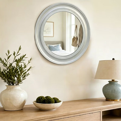 26 Inch Vintage Round Wall Mirror, Brushed Silver Metal Molded Framed Decorative Accent Mirror, Retro Wall Mirror for Entryway Living Room Bedroom, Ready to Hang