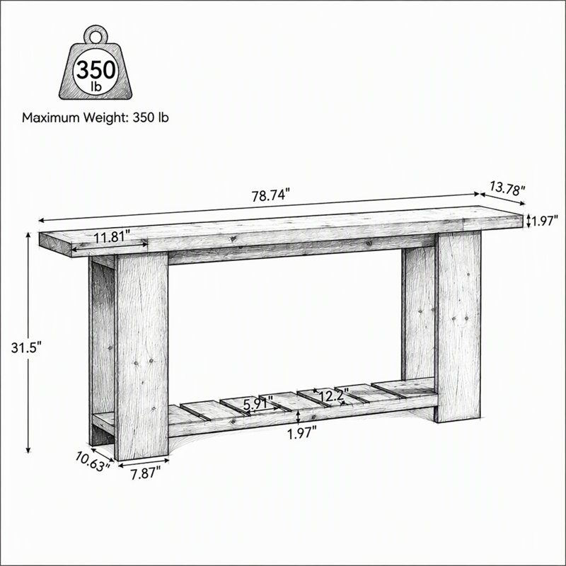 Console en bois massif de 200 cm (79 po), table d'entrée de style champêtre avec rangement à 2 niveaux