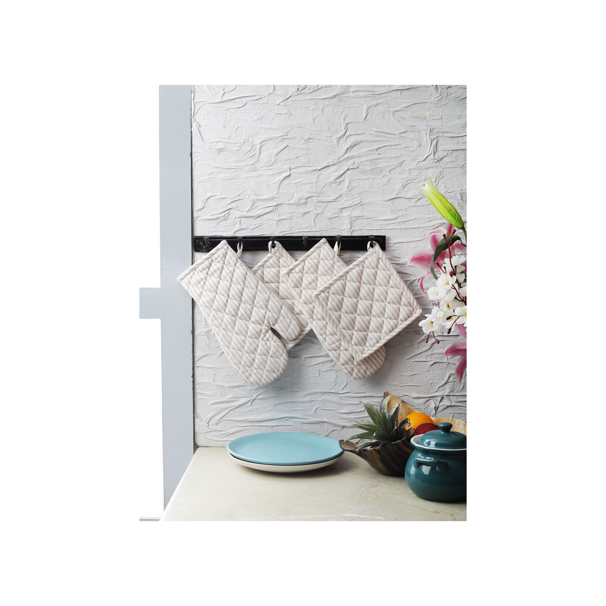Potholder & Oven Mitt Set, Beige/White