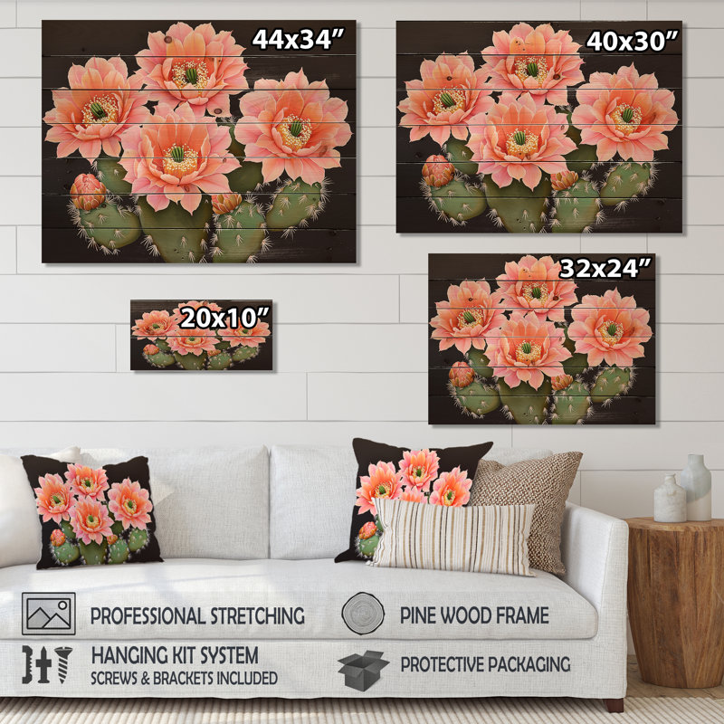 Cactus rose et orange Bloom III - art mural traditionnel sur bois de pin naturel, H 24 po x l 32 po