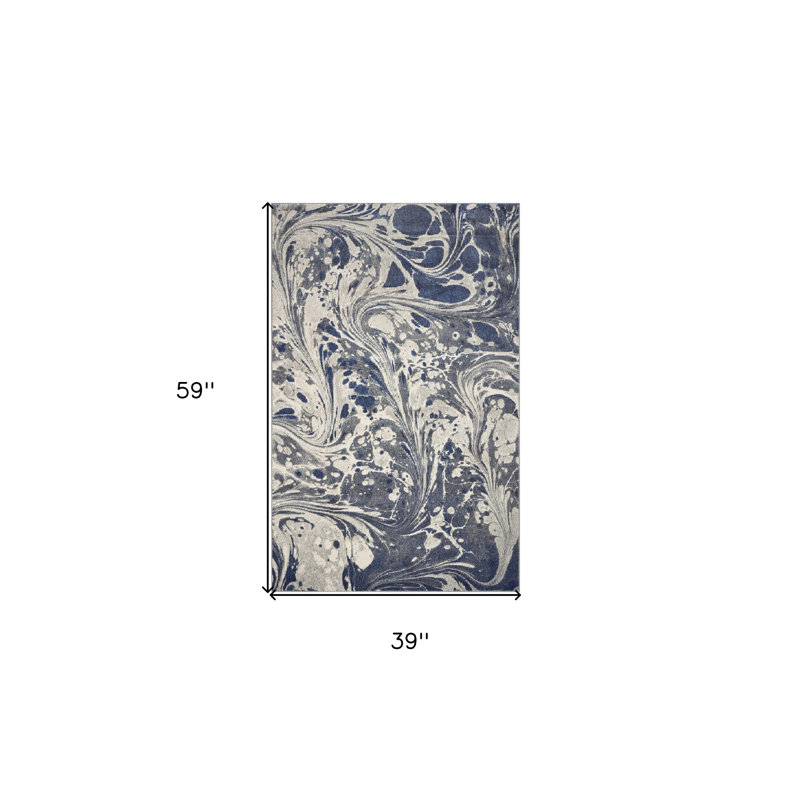 Tapis abstrait bleu, gris et ivoire 3 pi x 5 pi