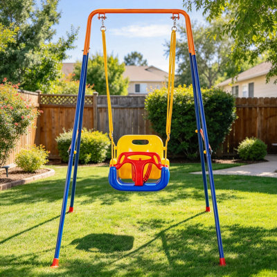 Ensemble de balançoire pour tout-petits 3 en 1 avec support en métal à structure en A, balançoire pliable dans la cour arrière avec 4 sacs de sable, balançoire pour enfants réglable en corde pour jouer à l'intérieur et à l'extérieur, certifié 