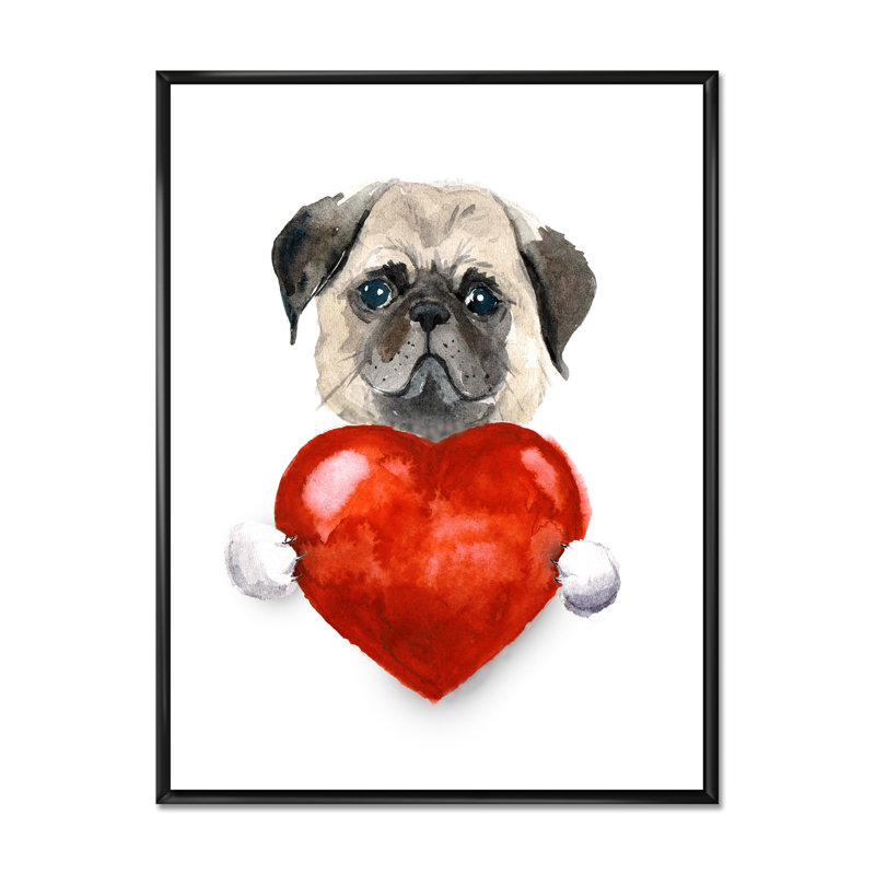 Petit chien tenant un cœur de Saint-Valentin - décoration murale pour enfants, art sur toile, H 32 po x l 16 po x P 1 po