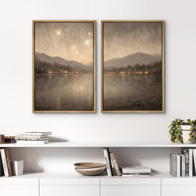 «Golden Night Lake with Mountains and Glowing Lights», reproduction d'art sur toile encadrée dans la chambre principale, 2