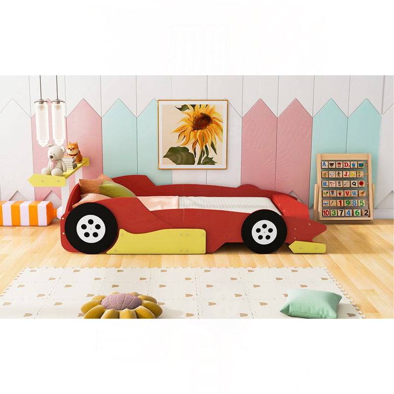 Lit plateforme double en forme de voiture de course avec roues, rouge, Rouge