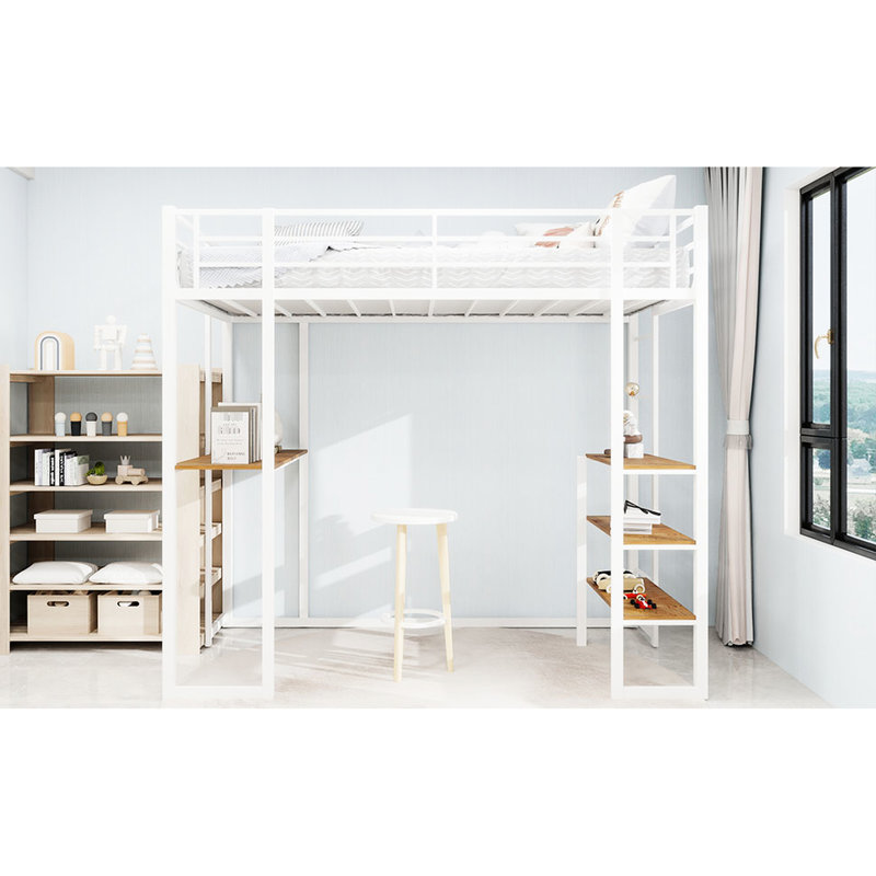 Lit simple en fer blanc, balustrade, escalier des deux côtés, peu encombrant, chambre à coucher, longue durée, lit simple en fer avec plateau en L et escalier, robuste pour les jeunes