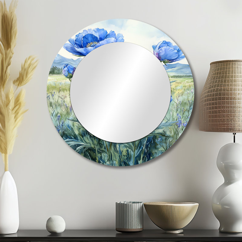 Océan bleu pivoines dans le champ I - miroir mural floral - imprimé sur métal, 23 po x 23 po