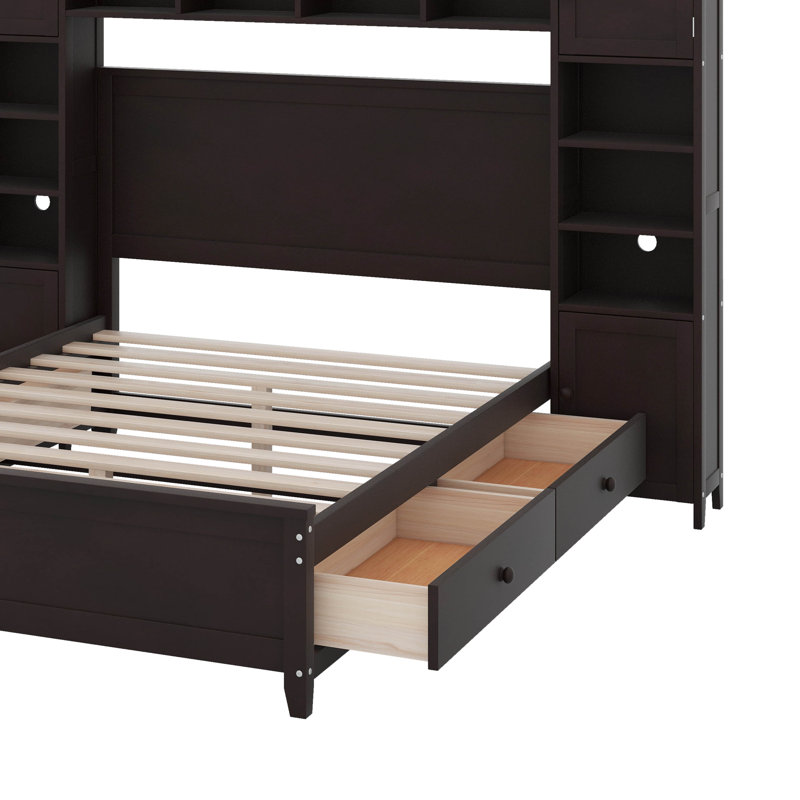Lit double en bois avec armoire et tablette