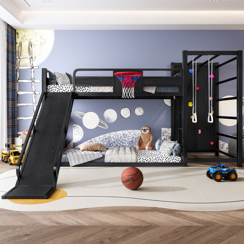 Lit mezzanine double en métal avec glissade et mur d'escalade Roomfitter, lit de sport avec panier de basketball, noir