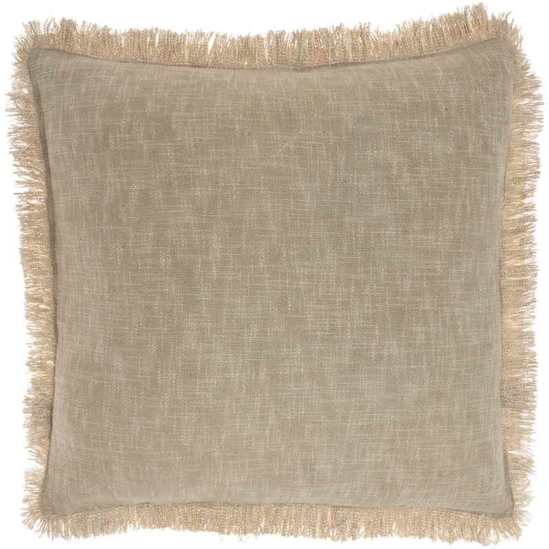 Taupe Stonewash Cotton Throw Pillow with Fringe Edges, 22" x 22"