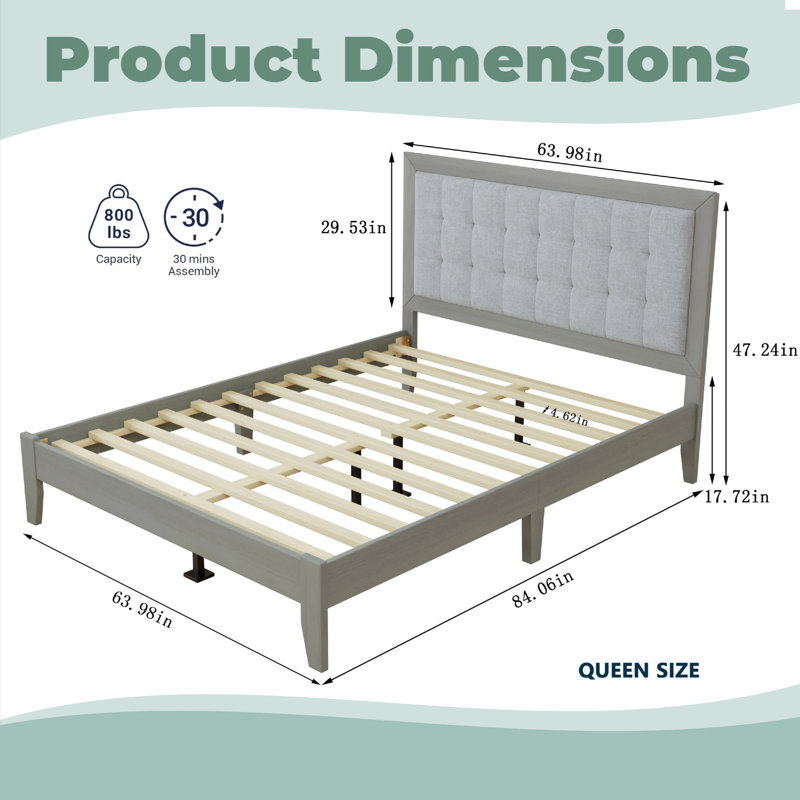 Upholstered Platform Bed with Tufted Headboard, Solid Rubberwood Panel Bed, Queen