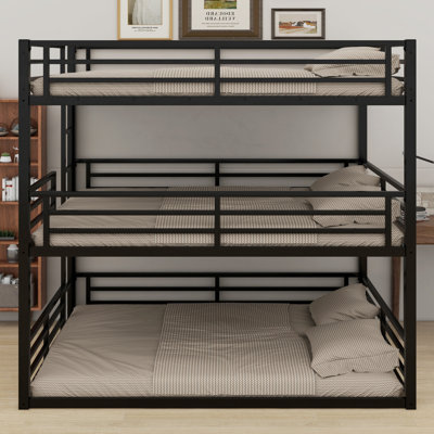 Metal Triple Bunk Bed With Safety Guardrails