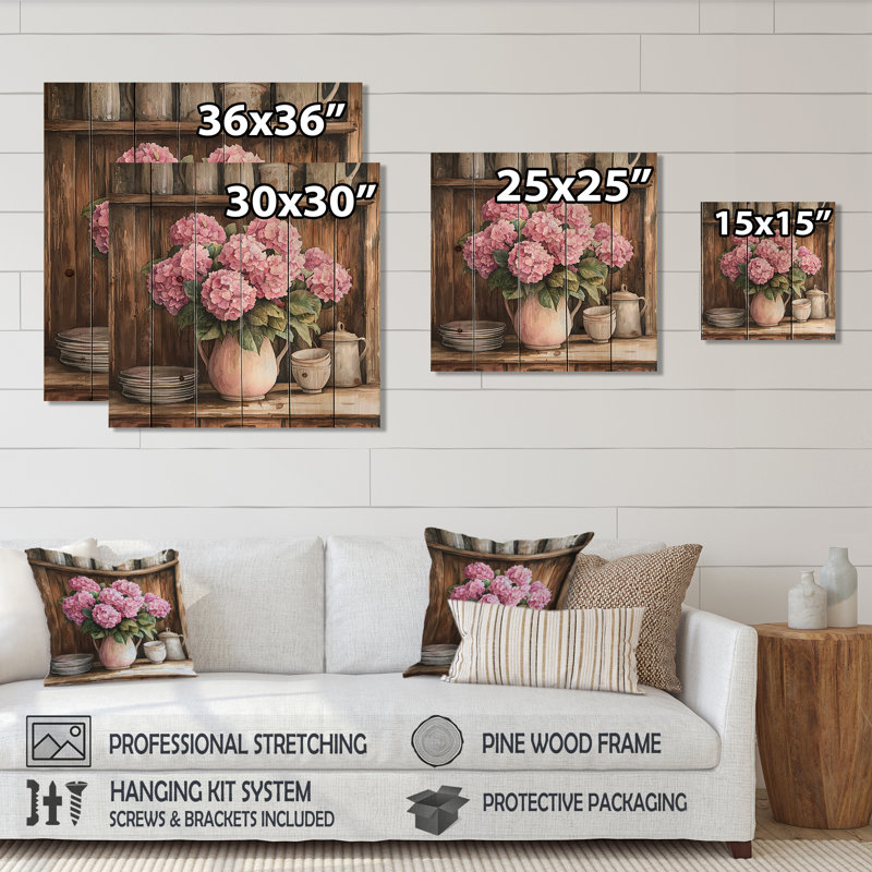 Hortensias dans la cuisine de la ferme dans un vase en poterie III - hortensia, décoration murale sur bois de pin naturel