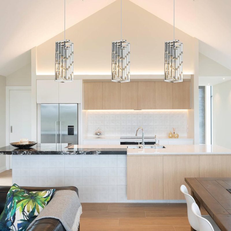 Modern Pendant Light With Crystal Accents, Adjustable Hanging Fixture For Kitchen Island, Dining Room, And Bedroom, Hardwired Installation Included (3 Pack)