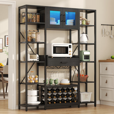 Armoire à vin avec lumières à DEL, armoire à café de 65 po de haut avec tiroir et prises de courant, support à micro-ondes de cuisine