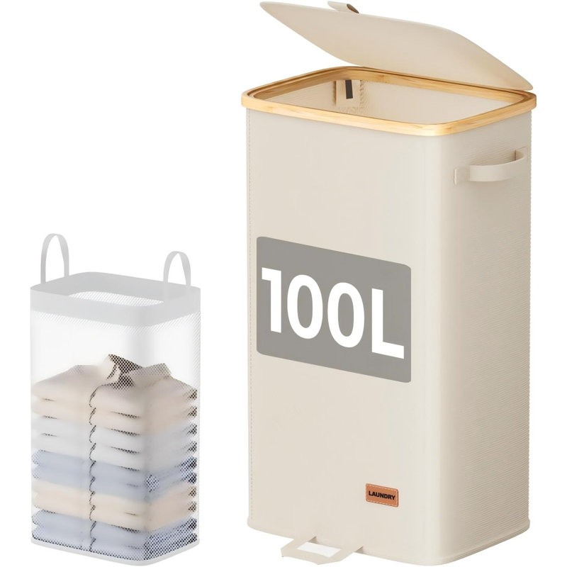 Panier à linge 100L avec couvercle, grand panier à linge sale, beige, Beige