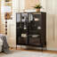 Armoire à DEL avec porte en verre trempé. Moderne minimaliste pour le salon, le bureau et le bureau. 4 tablettes réglables, 2 tiroirs, pieds en métal, présentoir lumineux noir et noyer foncé trempé. Style-357463503