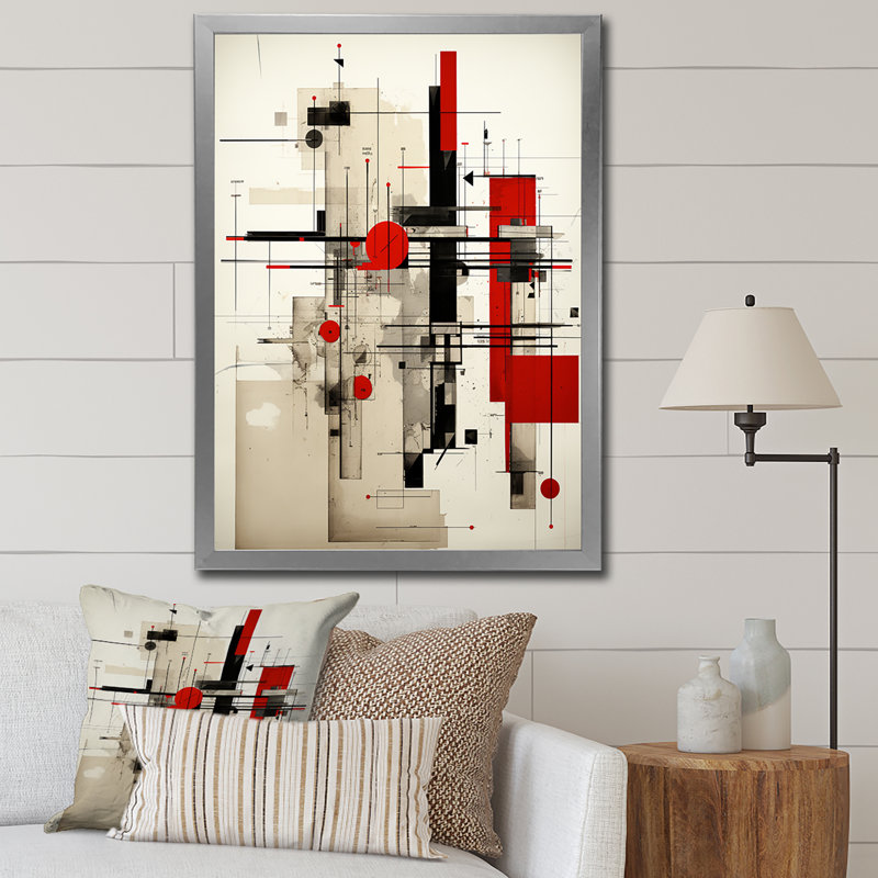 Illustration rétro rouge et bleue - Décoration murale géométrique moderne, H 32 po x l 24 po x P 1 po, Cadre simple argenté