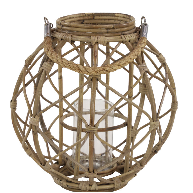 Lanterne ronde en rotin tissé rustique, Brun, H 10,5 po x l 13 po x P 13 po