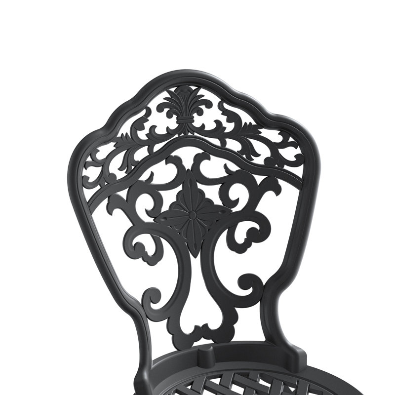Ensemble de salle à manger 5 places en aluminium moulé résistant aux intempéries, cadre noir, motifs délicats, excellente résistance aux intempéries et à la corrosion, assise ergonomique, repose-pieds antidérapant, guide de montage facile.