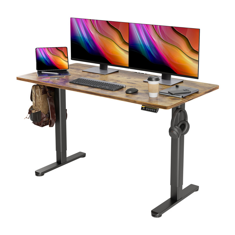 Bureau debout électrique à hauteur ajustable avec crochets, Brun / Noir, H 46,5 po x l 55 po x P 24 po